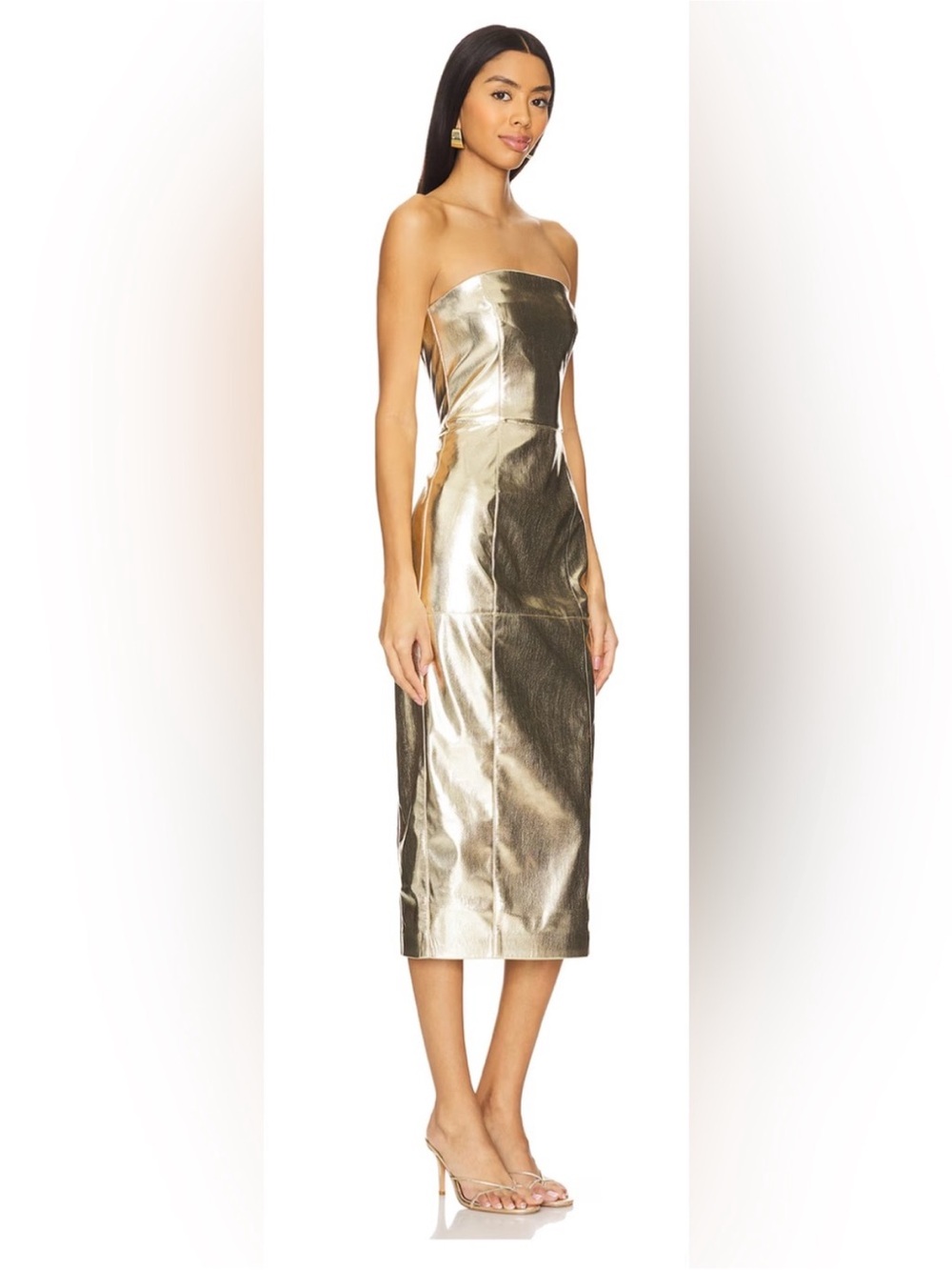 REVOLVE/ Camila Coelho Metallic Gold Strapless Midi Dress